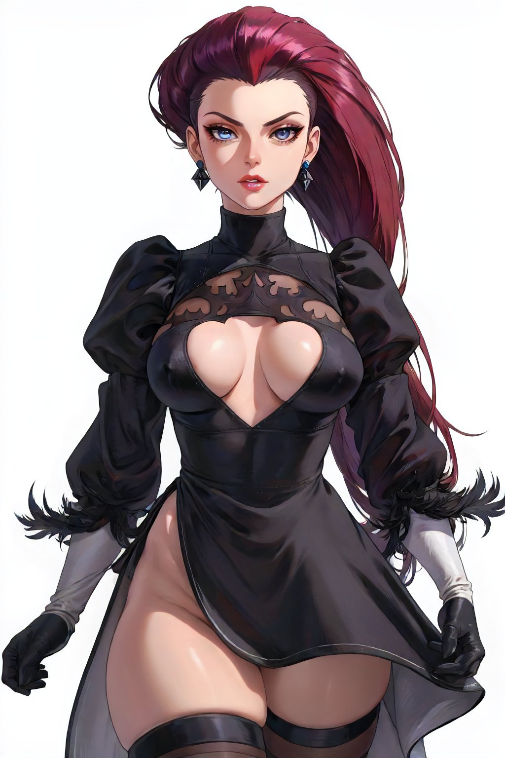 jessie wearing black dress, gloves, long hair, feather-trimmed sleeves, thighhighs, earrings, hair slicked back, cowboy shot, white background <lora:TR_Jessie-DEF:0.6>  <lora:2B_yorha-DEF:1>, perfect, sharp, masterpiece, detailed, high resolution, best quality,