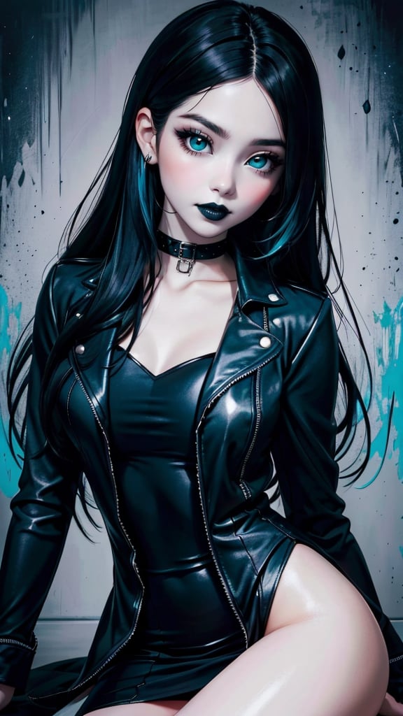 a girl with a leather jacket, inspired by rossdraws, gothic art, with long hair and piercing eyes, anime girl wearing a black dress, with teal clothes, (white skin), (thick black lipstick), (deep black eyes), lois van baarle, charlie bowater and artgem, glossy painting