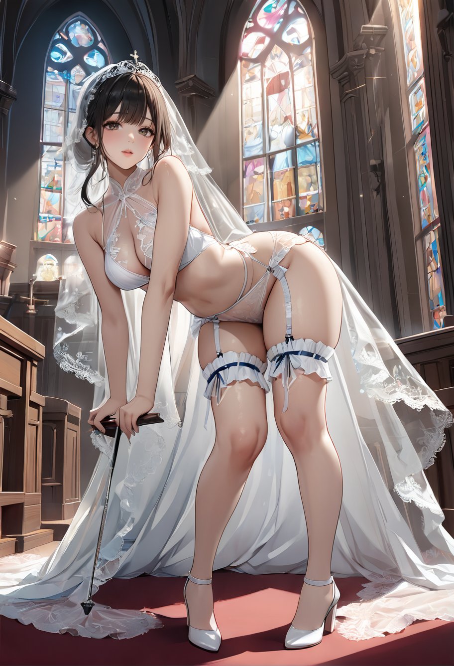 1girl,solo,,ruanyi0765,bridal garter,bridal veil,revealing clothes,see-through,bent over,full body,slingshot,huge ass,church,<lora:0765 flower wedding_v1_pony:1>, masterpiece,best quality,ultra detailed,8K,super fine illustration,highly detailed beautiful face and eyes,perfect anatomy,professional lighting,