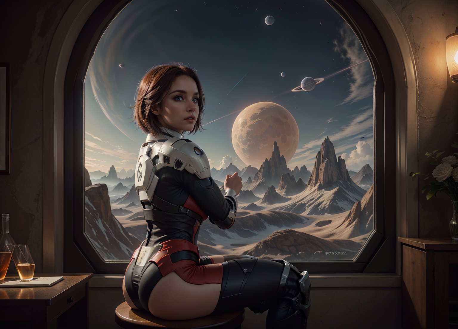 a woman sitting on a chair in front of a large window with a view of a fiery red and blue star, Eve Ryder, mass effect, concept art, space art, epic sci-fi artwork, looking out of the window <lora:epiCRealismHelper:1> <lora:SDXLrender_v1.0:0.6> <lora:popular:1>