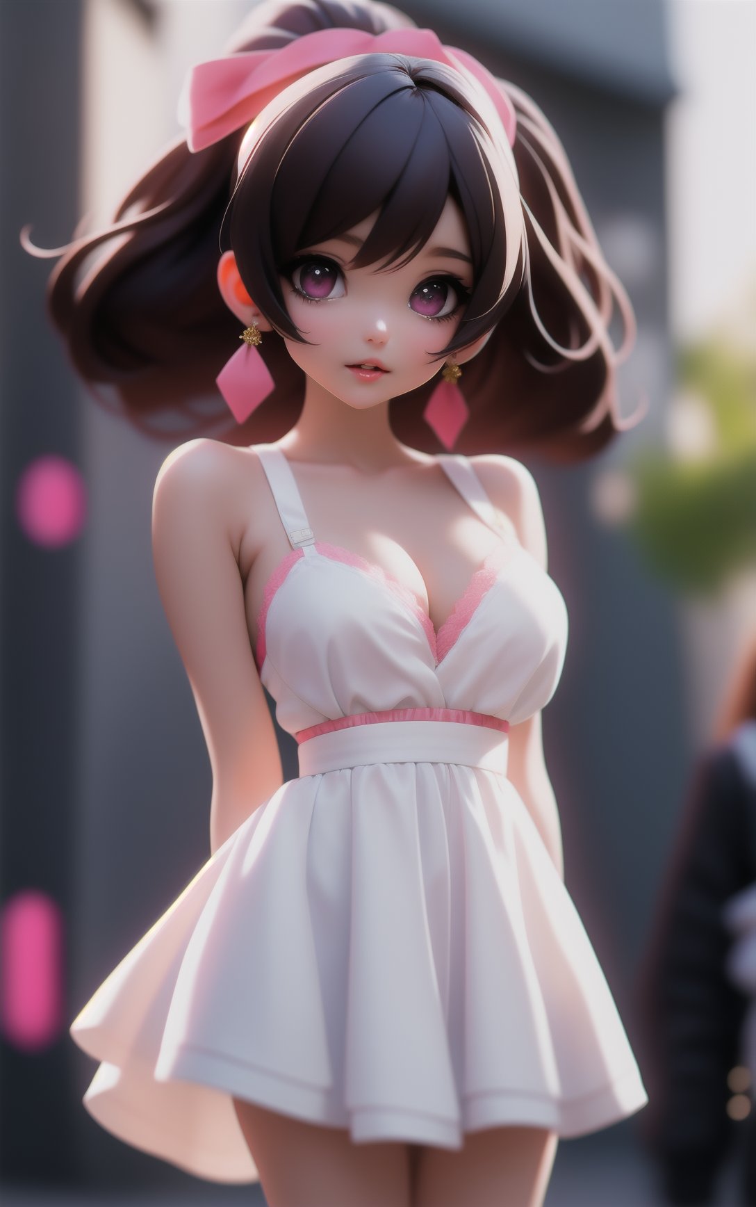 Yuya Mikami,a woman in a white dress posing for a picture in front of a wall with graffiti on it and a black bra,blurry,blurry background,blurry foreground,depth of field,photo \(medium\),motion blur,breasts,1girl,chromatic aberration,blur censor,photorealistic,cosplay photo,focused,looking at viewer,cleavage,realistic,brown hair,figure,lips,bokeh,