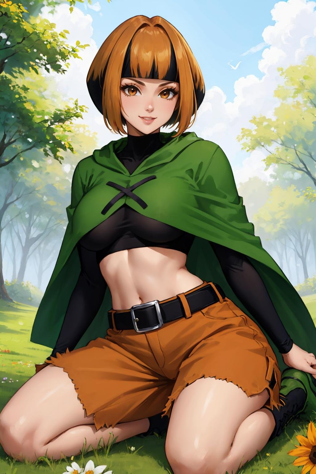 masterpiece, best quality,  <lora:gardenia-nvwls-v1-000008:1> natane, multicolored hair, green capelet, black shirt, long sleeves, midriff, belt, orange shorts, large breasts, seiza, flower patch, green boots, smile