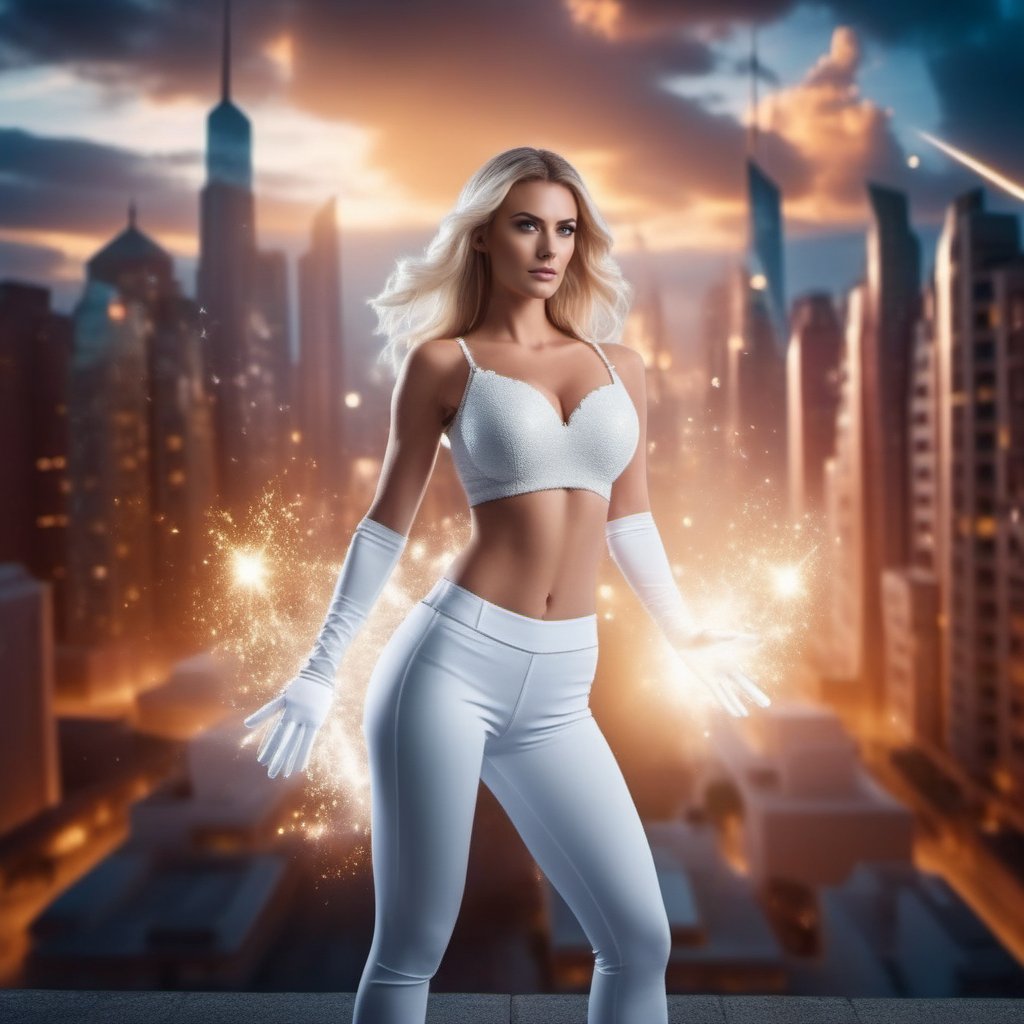 cinematic photo a full body woman in white top and white tight-pants and white gloves, casting a powerfull spell, energy glowing, city background <lora:EmmaFrost1024:0.8> . 35mm photograph, film, bokeh, professional, 4k, highly detailed