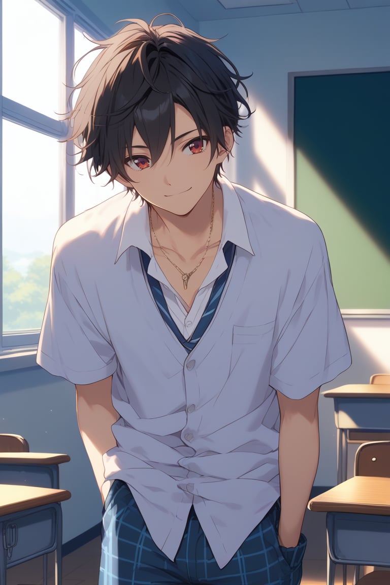 Score_9,score_8_up,score_7_up,Highly detailed, masterpiece, high quality, beautiful, high resolution, good details,1boy,solo,male focus,mezcla5v2,cowboy shot,black hair,red eyes,smile,classroom,cardigan,collarbone,necklace,looking_at_camera,tartan shorts,white clothes<lora:EMS-412513-EMS:1.000000>