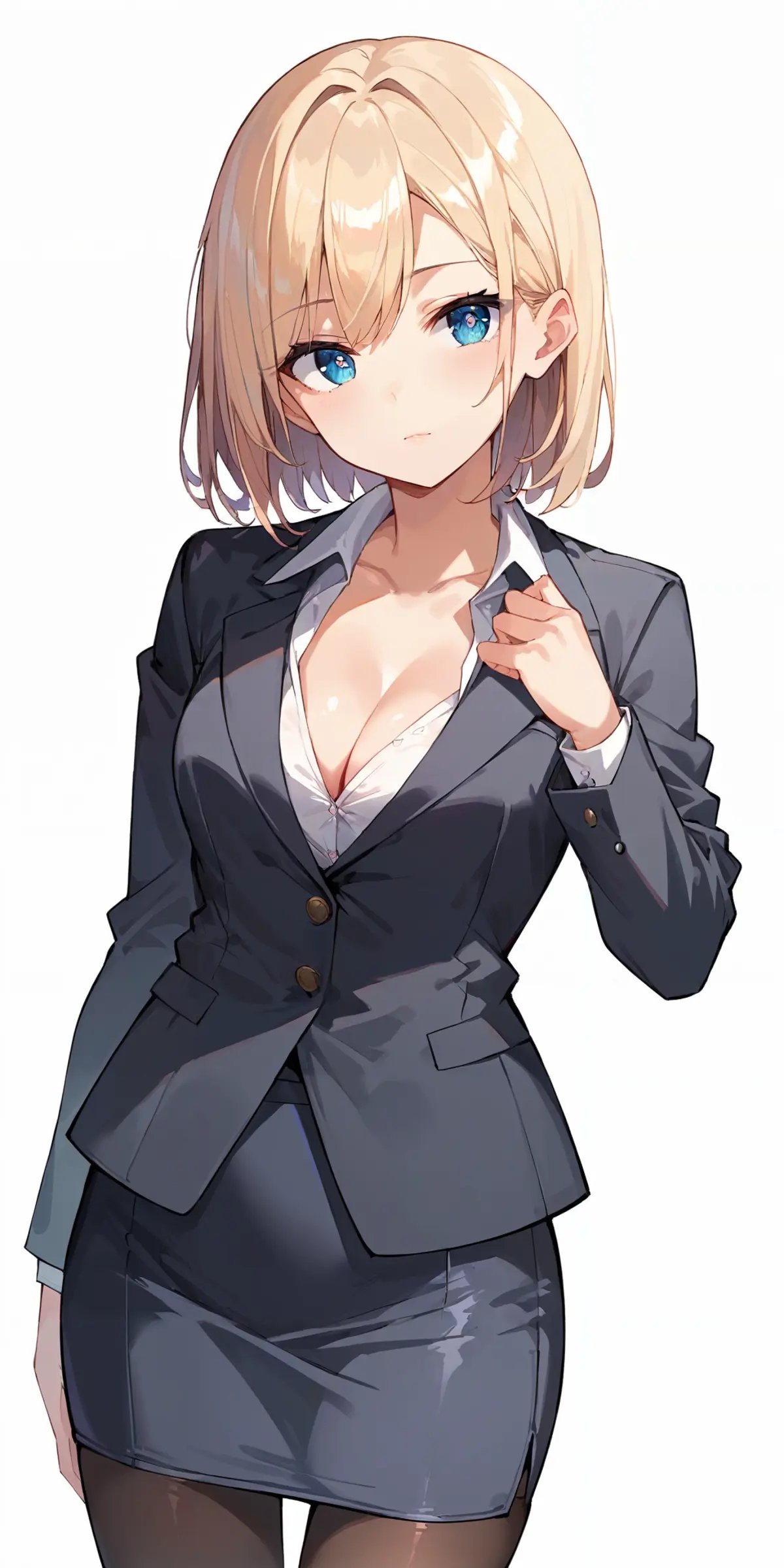 score_9, score_8_up, score_7_up,source_anime, high res image,masterpiece,best quality,girl,cute face,clear skin,shiny hair,ultra detailed eyes,simple background,   <lora:suit skirt_pony_V1.0:1> suit, shirt,skirt, pantyhose, cleavage