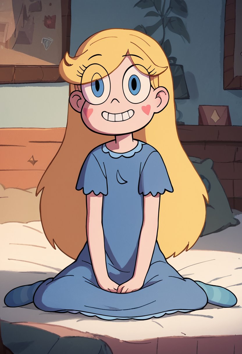 <lora:StarButterfly2.0:1> starbutterfly, kneeling, 1girl, blonde hair, solo, blue eyes, long hair, facial mark, sitting, smile, pajamas,socks, smile, bed,  teeth, eyes visible through hair score_9, score_8_up, score_7_up, score_6_up, score_5_up, score_4_up, looking at viewer,indoors, 