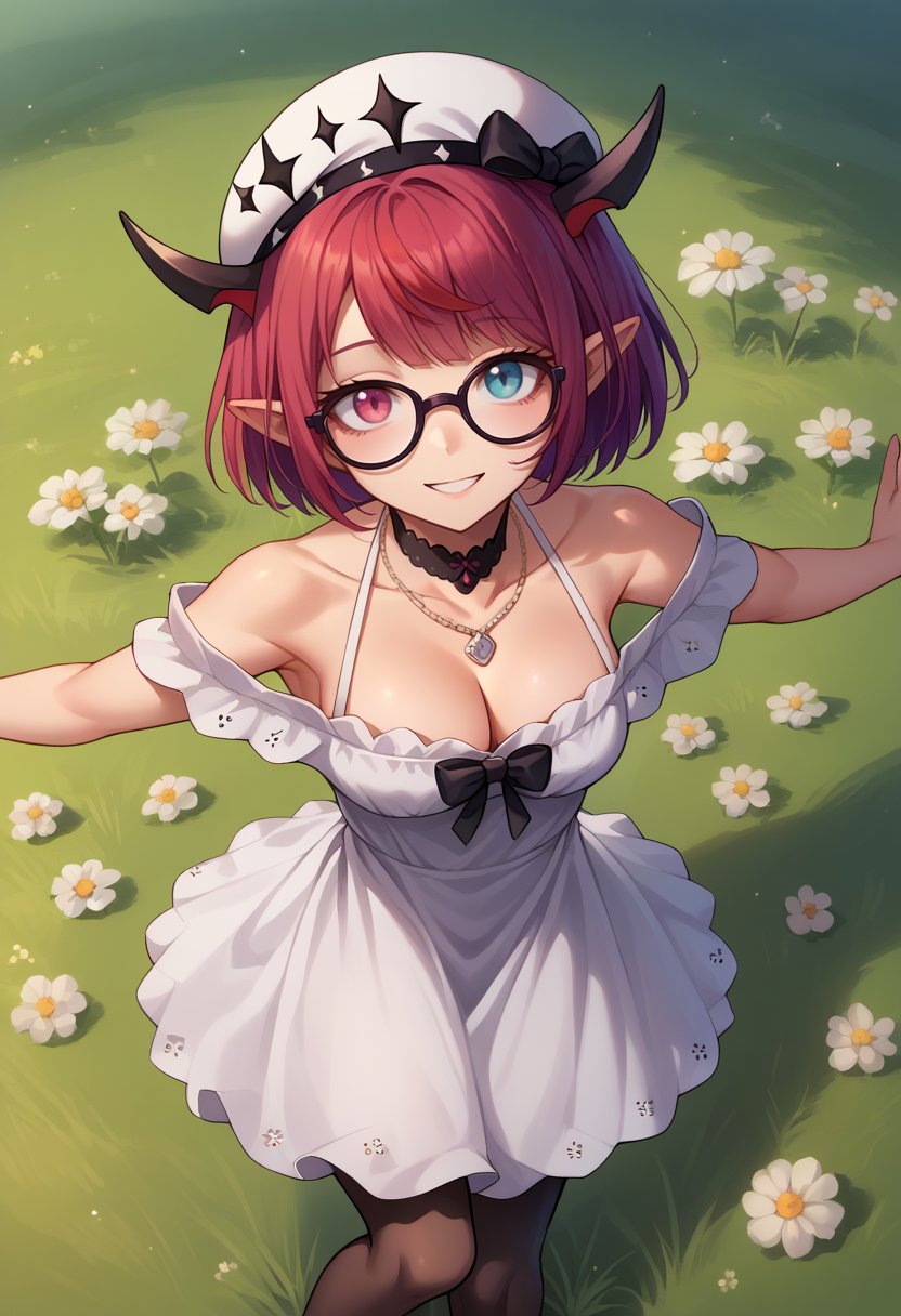 score_9, score_8_up, source_anime, 1girl, solo, IrysCasual, heterochromia, purple eye, blue eye, short hair, white hat, choker, off-shoulder dress, white dress, black bow, black pantyhose, outdoors, necklace, spread arms, smile, :d, cleavage, glasses, from above, flowers, grass, field, <lora:CHAR-IrysPonyXL:1>