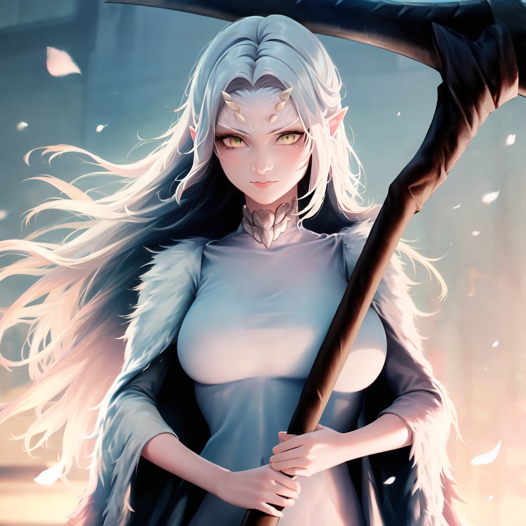 ((masterpiece)), ((best quality)), ((highres)), ((finely detail)), 1girl,priscilla the crossbreed, <lora:priscilla_the_crossbreed:1>, holding scythe, white dress