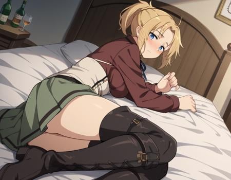 score_9, score_8_up, score_7_up, source_anime,zenithgreyrat, <lora:zenith-greyrat-s1-ponyxl-lora-nochekaiser:1>,zenith greyrat, short hair, blonde hair, blue eyes, ponytail, ahoge,skirt, shirt, thighhighs, long sleeves, ribbon, boots, black thighhighs, thigh boots, brown shirt,indoors, bed, bed room, on side, blush, drunk,looking at viewer, dutch angle, cowboy shot,