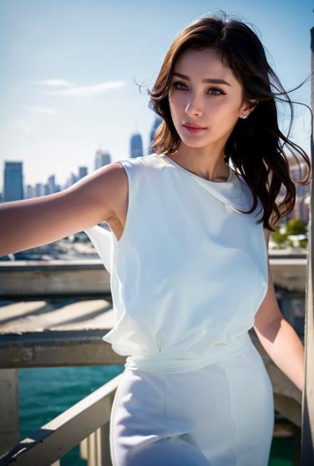 <lora:yangmi2:0.92:lbw=1,0,0,0,1,1,0,0,1,1,1,1,1,1,1,1,1>yangmi face,yangmi body,good hands,perfect hands,pose,supermodel,There's a beauty standing on the Brooklyn Bridge in New York, the city that never sleeps. She's like a delicate bloom in a sea of concrete, a beacon of beauty in a world of hustle and bustle.The sun is slowly setting, painting the sky with a rainbow of colors that reflect off the waters of the East River. The bridge is bathed in a golden hue, and the beauty stands there, taking it all in. Her long, wavy hair flows in the gentle breeze, and her eyes sparkle like diamonds against the backdrop of the setting sun.She wears a simple yet elegant dress that flows with her every movement, a testament to her effortless grace. She seems to be suspended in time, a moment captured in all its glory, the perfect combination of natural beauty and urban decay.Around her, the city rumbles and buzzes, but she remains unperturbed, lost in her own world. She's the picture of stillness amidst the chaos, a study in contrasts that only adds to the allure of the moment.The camera captures her profile, the perfect curve of her cheekbone, the delicate arch of her eyebrow, and the soft, inviting smile that plays on her lips. It's as if the world has paused to take a breath, to appreciate the beauty that is both ethereal and earthy, delicate yet resilient.She turns her head slightly, her gaze fixed on something in the distance, her expression unreadable. The setting sun casts a warm glow on her face, highlighting her features with an almost angelic radiance.As the scene fades to black, you can almost imagine her walking forward into the night, leaving only a trail of captivating beauty in her wake. She's not just a beauty, she's a symbol of hope and resilience in a city that never stops chasing its dreams.(black hair:1.34),(white dress:1.9),(white skin,),(pov:1.34)smile,(looking at viewer),supermodel,(depth of field:1.69),(long exposure:1.2),(dynamic motion:1.13),(Extreme Aestheticism:1.93),offical art,first person view,blurry background,(professional photograph:1.5),(8k, RAW photo, best quality, masterpiece:1.2), (realistic, photo-realistic:1.85), (ultra-detailed:1.5), highres<lora:epi_noiseoffset2:1>