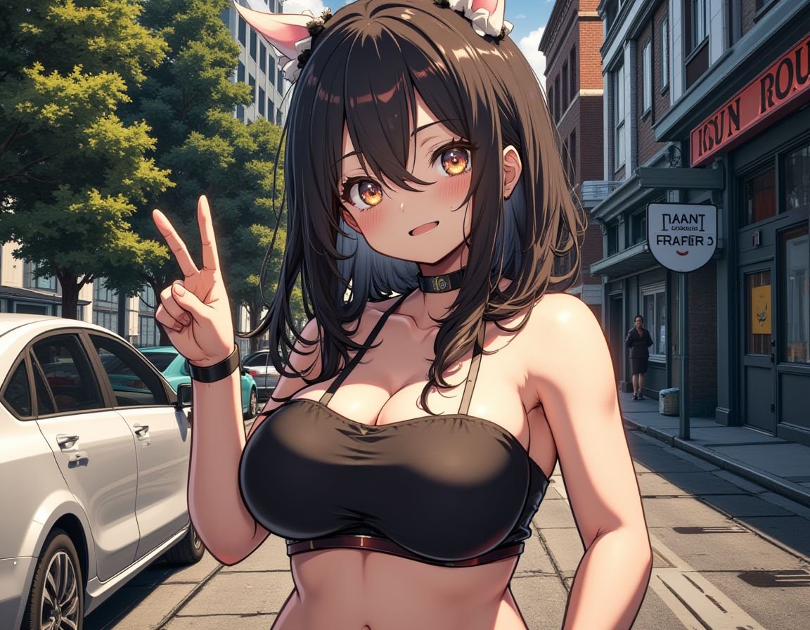 1girl,peace sign,tube top,navel,street,