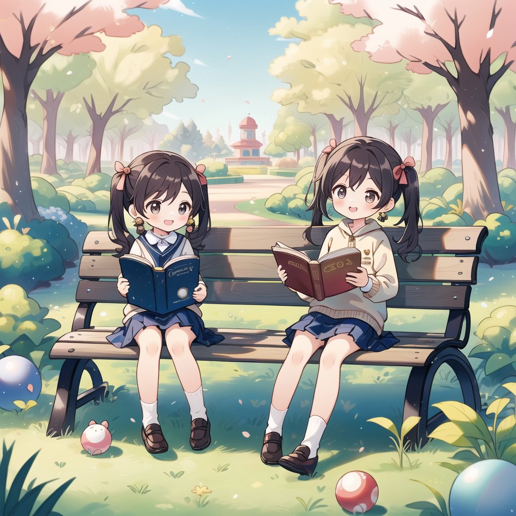 ((A child, small cute plush ball errings, pigtails, jumper skirt, A charming smile, reading picture-story book)), Parks, lawns, cherry trees, benches, masterpiece, best quality