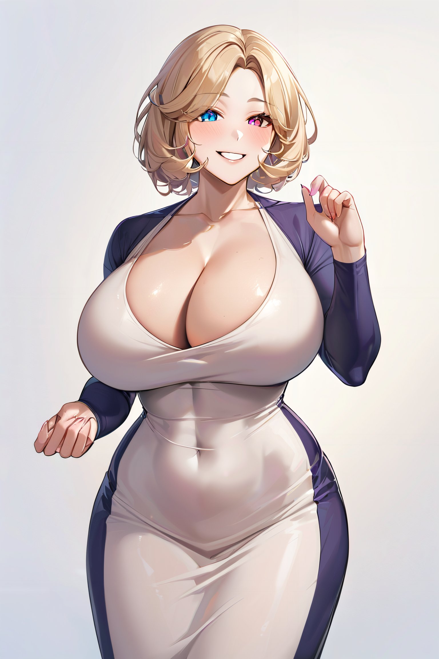 <lora:dongtan_dress_xl_goofy:1>dongtan dress, 1girl,solo,cleavage, large breasts,long sleeves,covered navel, smile,happy,parted lips, heterochromia, mature female