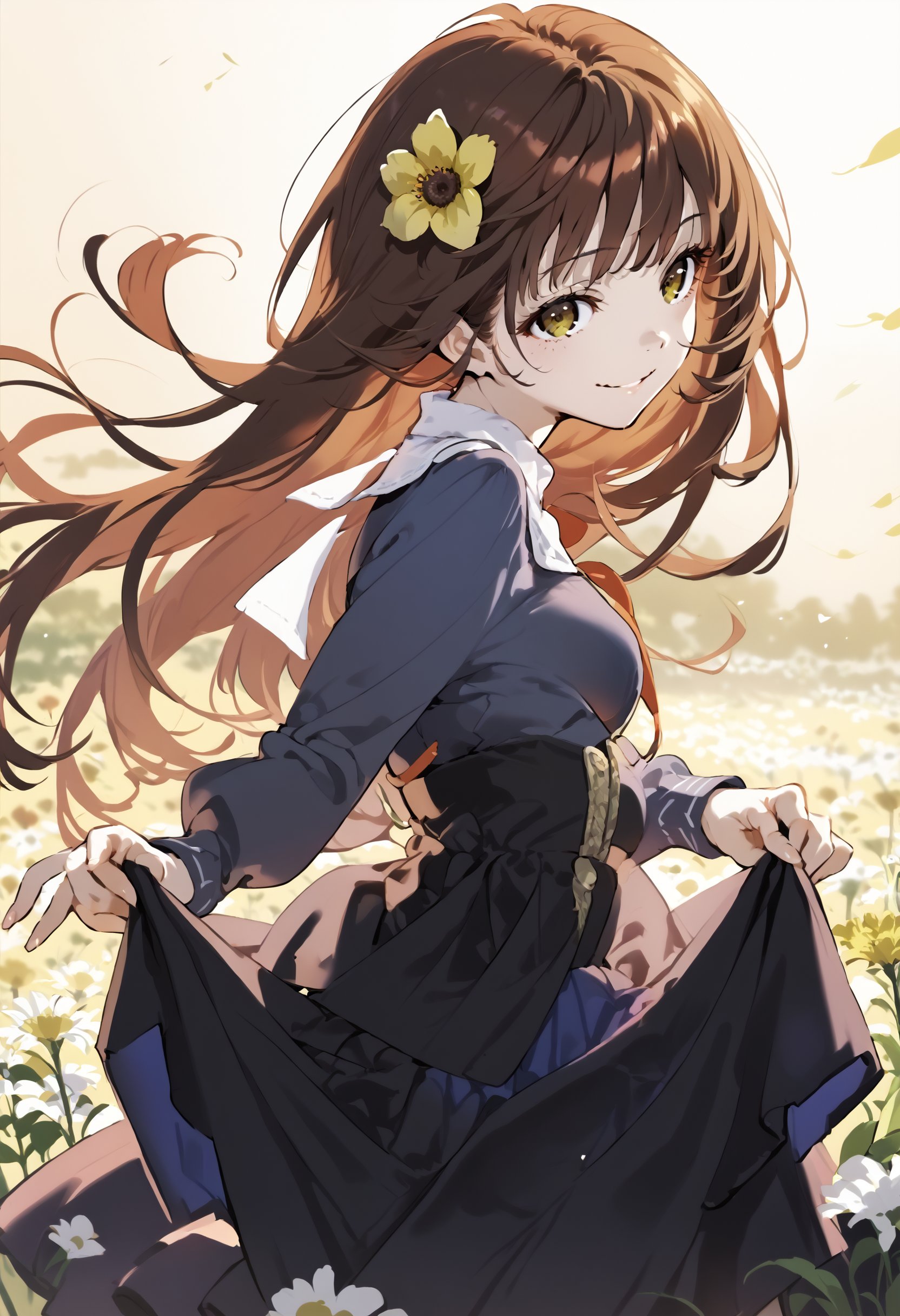 score_9_up score_8_up score_7_up, 1girl, backlighting, smile, floating hair, long hair, flower field, from side, head tilt, skirt hold bowing, skirt lift, leaning forward<lora:style_yoneyama_mai_12A:1><lora:skirt_hold_bowing_d16:1>