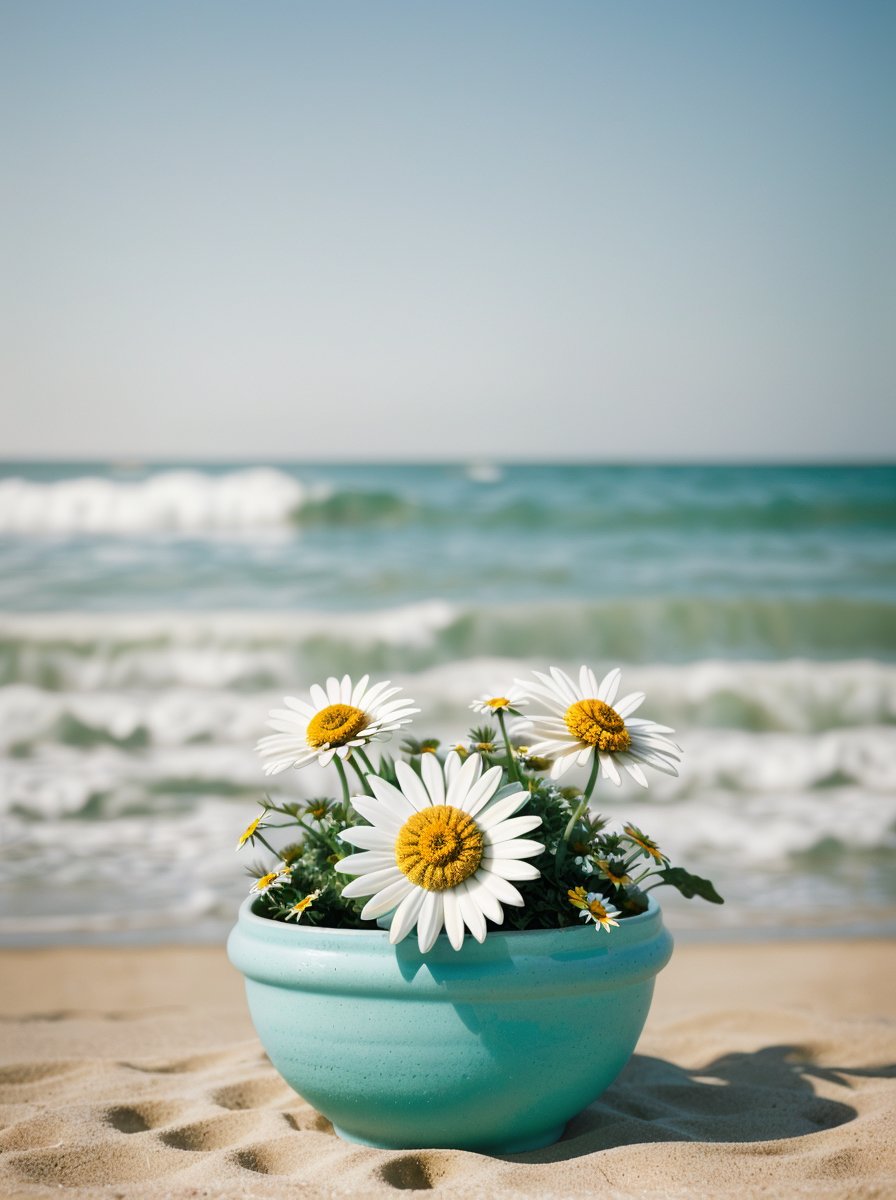 Bavarian ([Daisy:Daisies:2]:1.2) , Ceramic and Groovy, Rule of Thirds, Geeky beach, Hazy conditions, soft focus, Suffering, hard light, 50mm, professional, (sfw:1.1) <lora:picxer_real:0.8> 