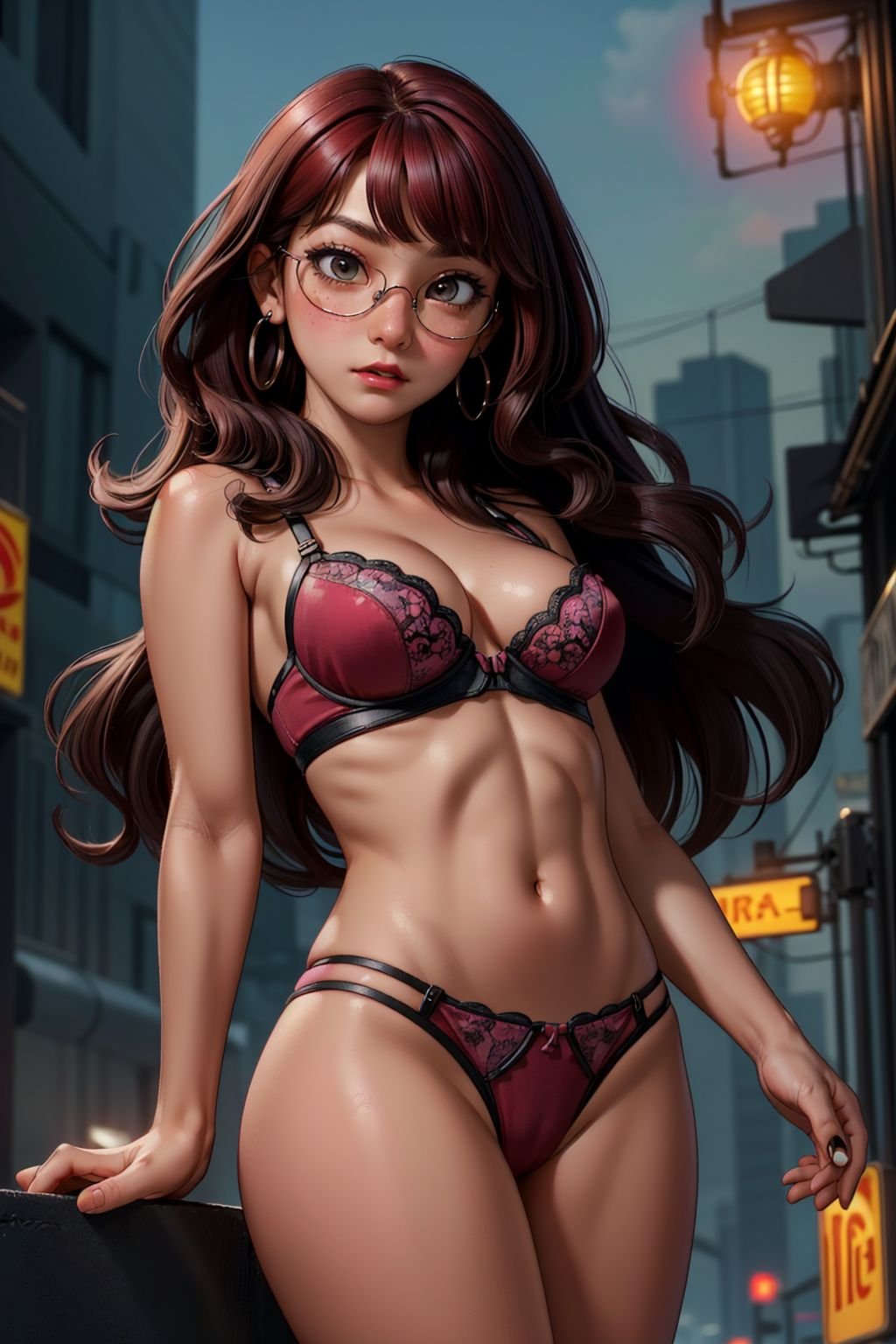 1girl, Mature female (wearing lingerie:1), (fractalized, fractal_body:1.3), sexy, fitness body, legs, Full Breasts, freckled, perfect face, makeup, make-up, red lips, Round Eye Shape, (Embarrassed facial expression:1.3), energizing, Pop art-themed bustier with bold, vibrant patterns and a matching thong, Charmer, Short, Wide Hips, Square Face, Dark Skin, Red Hair, brown Eyes, Narrow Nose, Pouty Lips, Receding Chin, Long Hair, Wavy Hair, Side Bangs, saggy breasts, Dangle earrings, mauve velvet lipstickFuturistic dystopian city viewpoint with people wearing augmented reality glassesgood hand, 4k, high-res, masterpiece, best quality, proportional head:1.3, finely detailed skin, sharp focus, (cinematic lighting), night, soft lighting, dynamic angle, (detailed face without mask:1.2),