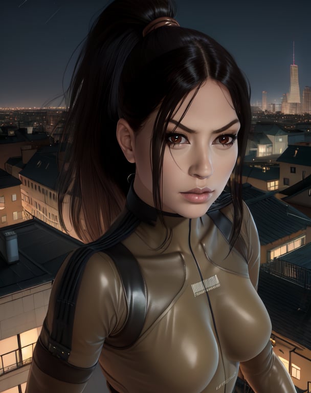 rven,black hair,brown eyes,ponytail,serious,tan bodysuit,skin tight,latex,upper body,looking at viewer,rooftop,night,city,(insanely detailed, beautiful detailed face, masterpiece, best quality),<lora:RavenMGS4-10:0.8>,