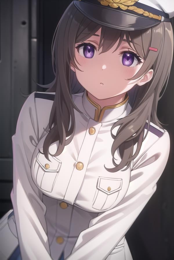 chinamoeka, <lora:china moeka s1-lora-nochekaiser:1>,china moeka, long hair, brown hair, (purple eyes:1.1),BREAK hair ornament, hat, hairclip, uniform, military, military uniform, peaked cap, naval uniform, (white uniform:1.5),BREAK outdoors, ship, navy,BREAK looking at viewer, (cowboy shot:1.5),BREAK <lyco:GoodHands-beta2:1>, (masterpiece:1.2), best quality, high resolution, unity 8k wallpaper, (illustration:0.8), (beautiful detailed eyes:1.6), extremely detailed face, perfect lighting, extremely detailed CG, (perfect hands, perfect anatomy),