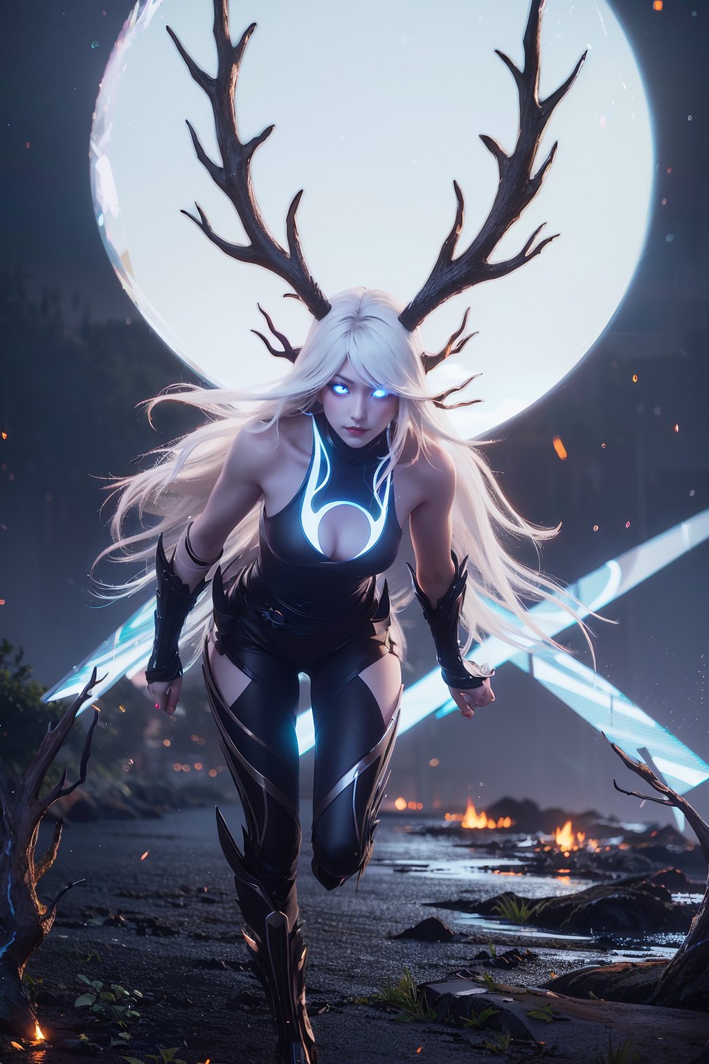 cangyuan,nianyun,battle dress,1girl,solo,<lora:nianyun_v1:0.6>,front view,blue eyes,horns,antlers,glowing eyes,full body,