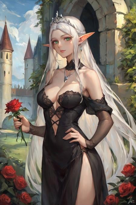 score_9, score_8_up, score_7_up, 1girl, solo, elf, pointy ears, breasts, long hair, very long hair, white hair, green eyes, portrait, looking at viewer, black dress, tiara, silver tiara, holding, holding flower, rose, red rose, necklace, jewelry, cowboy shot, standing, outdoors, castle <lora:Eldritch Oil Style LoRA_Pony XL v6:1>