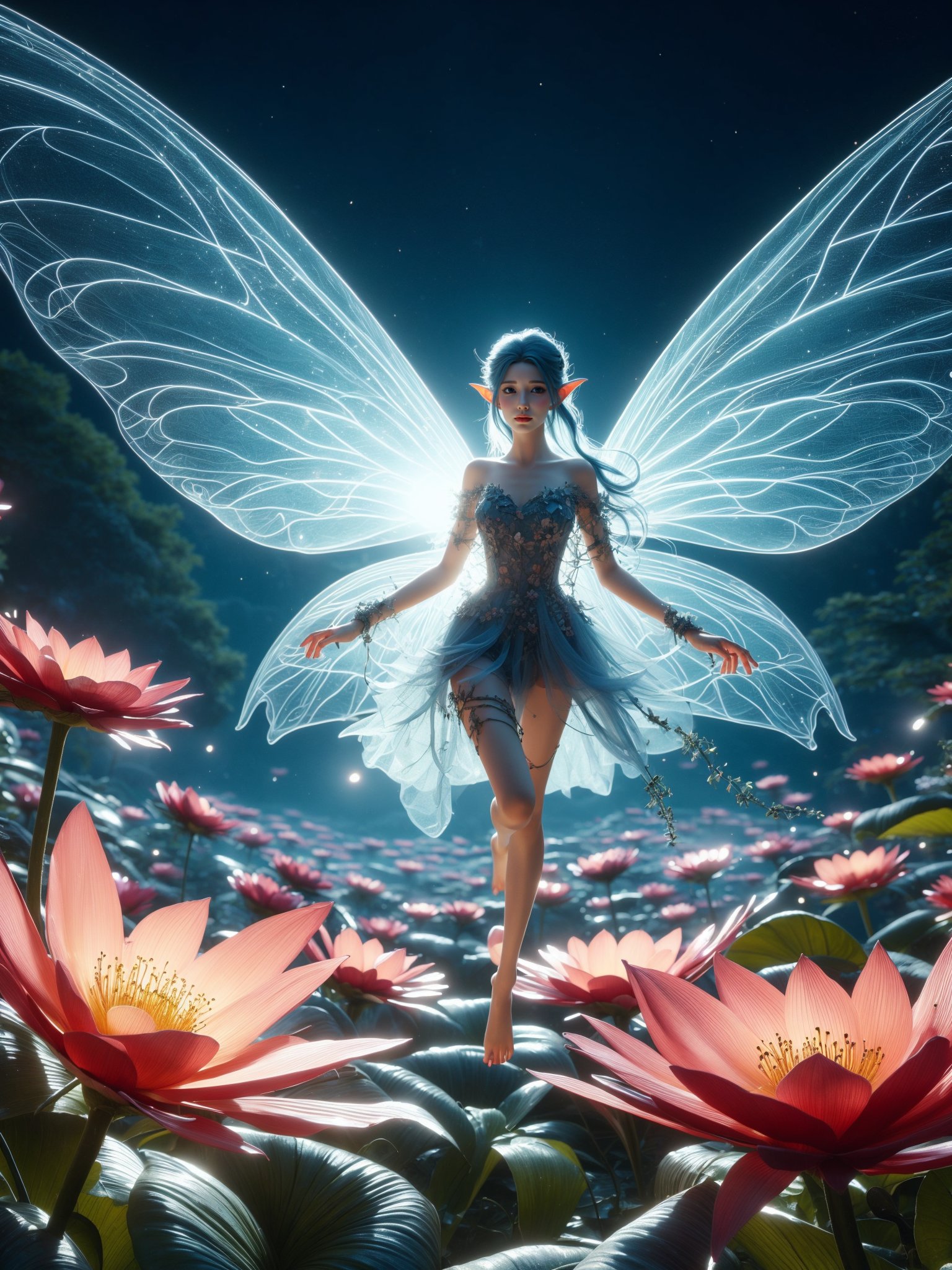 spirit_, 1girl, fairy, flower, wings, pointy ears, solo, barefoot, long hair, glowing, see-through, blue hair, dress, night, nature, fairy wings, looking at viewer <lora:kim_彼岸花精灵_v1:0.85>