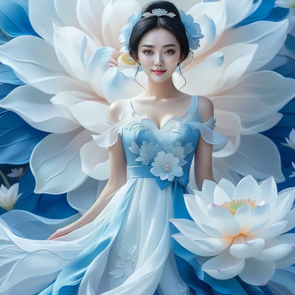 (masterpiece, top quality, best quality, official art, beautiful and aesthetic:1.2)lianhua, 1girl, front view, full body,big bright eyes,smile,solo, jewelry, earrings, hair ornament, black hair, smile, hair flower<lora:XL-第五轮白莲花-000004:0.8>