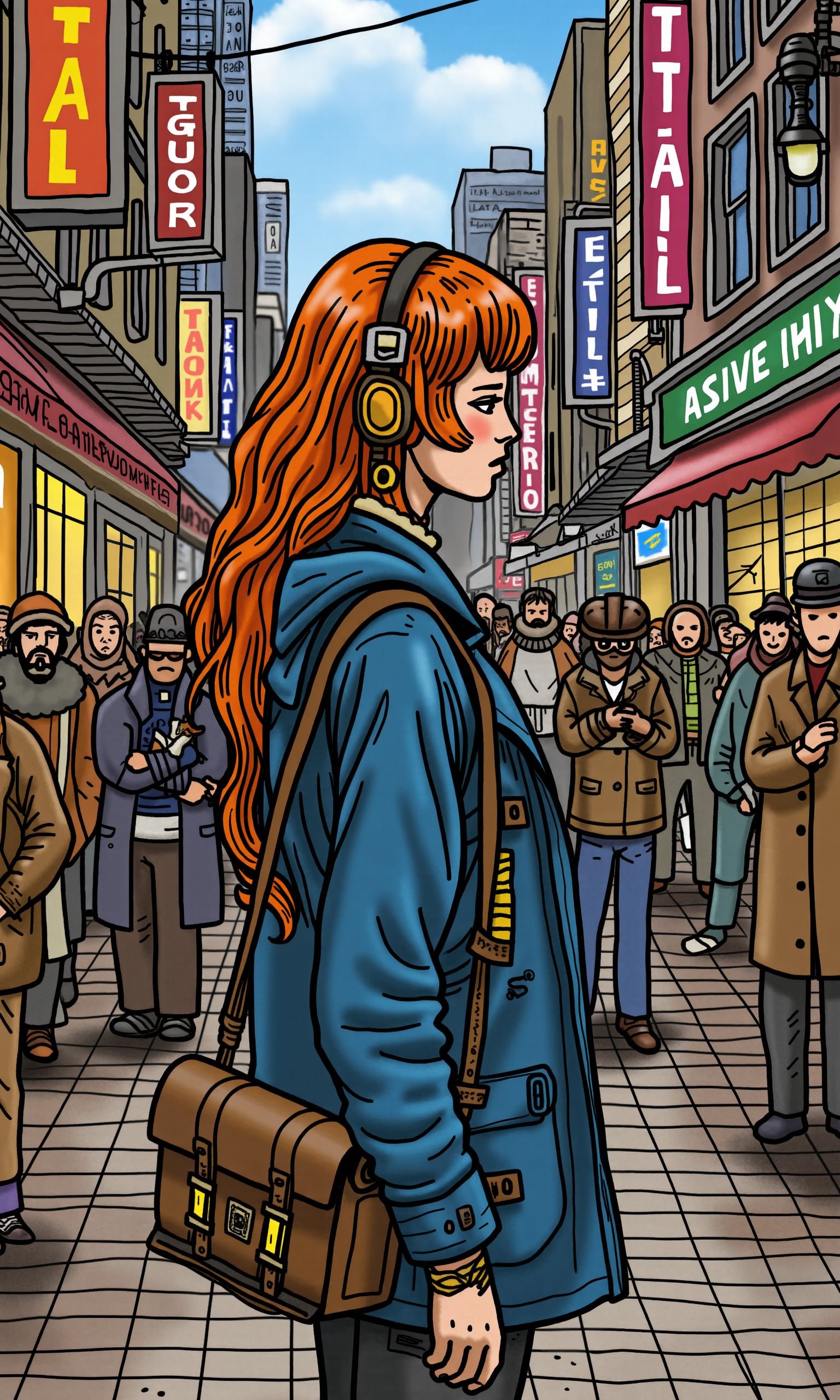 a female cyberpunk streetpunk with visible cyberware in a crowded street of a metropolis by Moebius