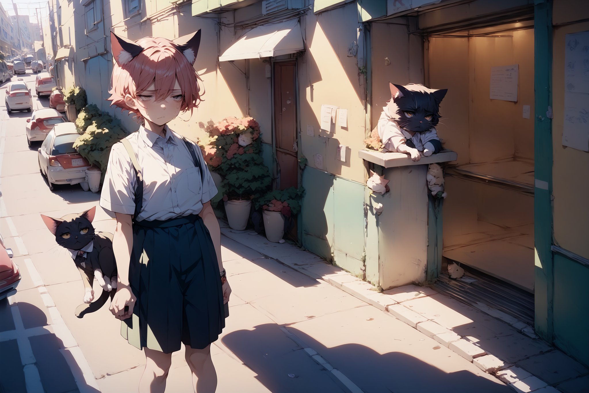 score_9,score_8_up,score_7_up,1girl,cat_ears,tired,sweatdrop,collared_shirt,street,summer_time,