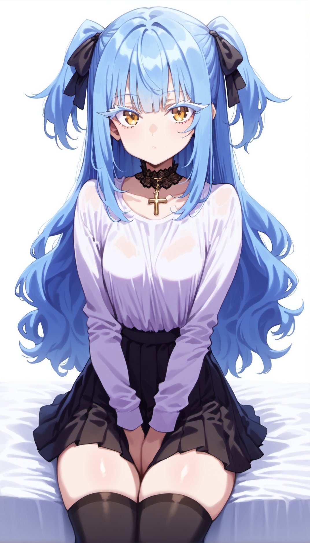 score_9,score_8_up, tsepmet_urumir_xl, rimuru tempest, fur collar, long hair, blue hair, yellow eyes,1girl,jirai kei,small breasts,colored eyelashes,white eyelashes,long hair,two side up,hair ribbon,straight hair,wavy hair,blunt bangs,sidelocks,pale skin, eyes visible through hair,straight hair,expressionless,(frown:0.7),lipstick,looking at viewer,miniskirt,black skirt,frilld white shirt,long sleeves,pleated skirt,black thighhighs,cowboy shot,lace choker,thick thighs,sitting on white bed sheet,cross wall,(v arms:1.4),simple background,best quality,high quality,highres,extremely beautiful detailed face,best shadow,dutch angle,<lora:Rimuru_Tempest_XL_Pony:1><lora:Concept Art Twilight Style SDXL_LoRA_Pony Diffusion V6 XL:1>