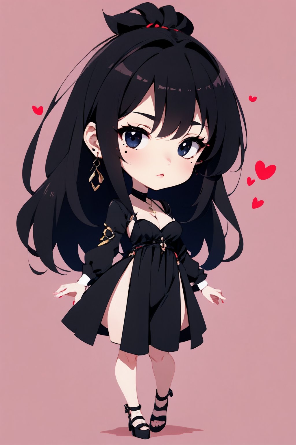 <lora:AgainChibiLora_v1:1>,1girl, solo, mole under eye, jewelry, mole, heart, black hair, necklace, dress, black eyes, black dress, black footwear, full body, breasts,