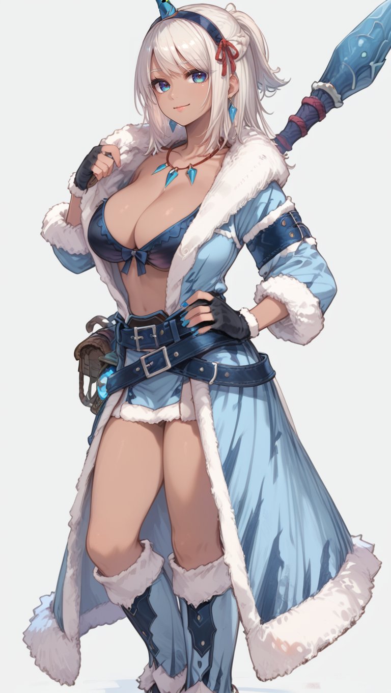 (score_9:0.9),score_8_up,score_7_up,rating_safe,anime style,(zPDXL),<lora:Ex kirin beta armor ponyXL v1.1:0.77>,ex kirin beta armor,white fur-trimmed coat,black front-tie bikini top,white single horn hairband,black fingerless gloves,1girl,solo,white loincloth,black belt,cleavage,white background,simple background,looking at viewer,smile,huge breasts,closed mouth,hand on hip,long hair,holding,standing,white knee boots,dark-skinned female,cleavage,weapon on back,