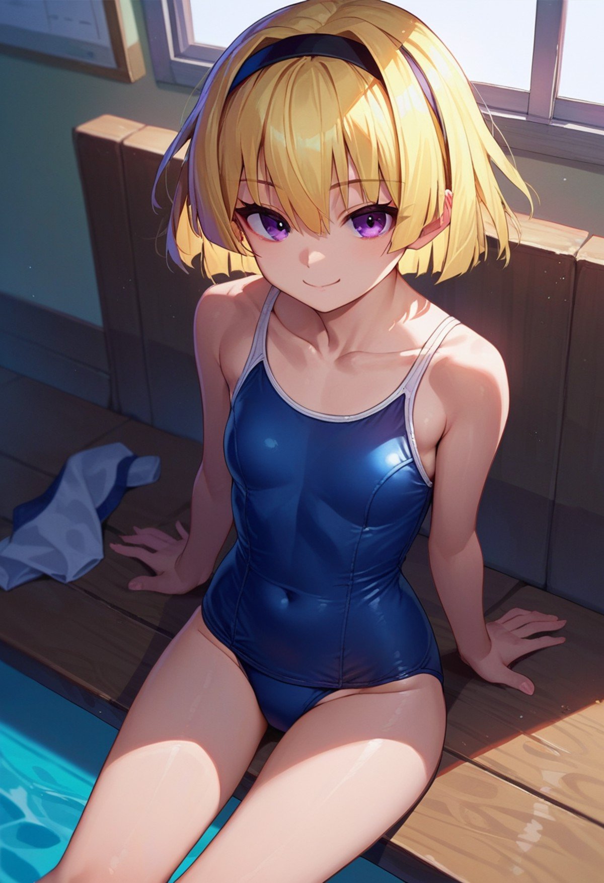 score_9, score_8_up, score_7_up, source_anime, <lora:Satoko Houjou Pony 5-000003:1>, houjou_satoko, swimsuit, 1girls, blonde hair, school swimsuit, sitting, one-piece swimsuit, short hair, smile, purple eyes, looking at viewer, hairband, blue one-piece swimsuit, bangs, small breasts, collarbone