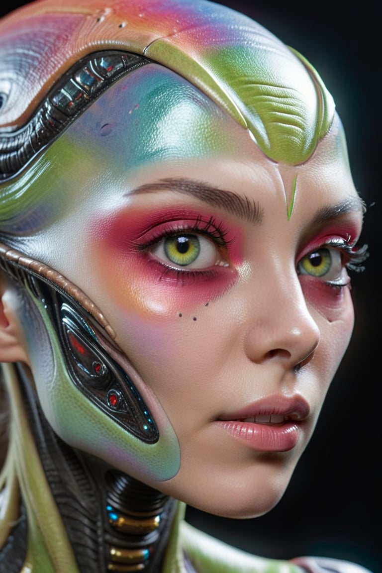 Side close up of a female alien,  metallic multicolor skin,  best quality,  amazing quality,  very aesthetic,  absurdres, perfect eyes, aw0k euphoricred style, skin blemish, Extremely Realistic,<lora:EMS-74471-EMS:0.600000>