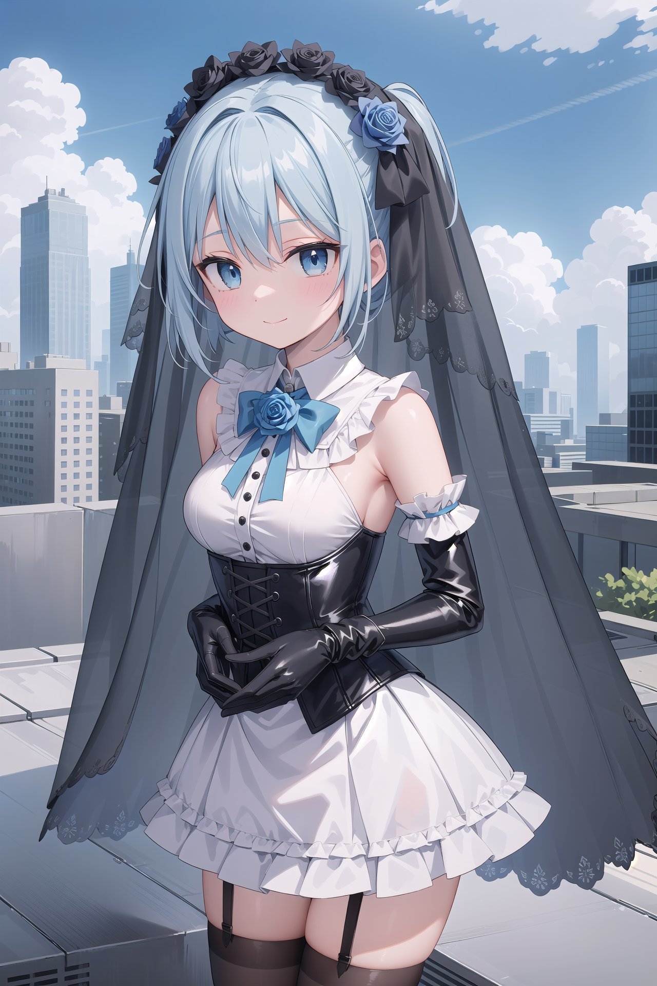 insanely detailed, absurdres, ultra-highres, ultra-detailed, best quality,1girl, solo, nice hands, perfect hands,BREAK(fusion of black mourning-dress and black wedding dress:1.2), (gothic dress:1.3), (light-blue and black theme:1.3), ((black mourning-veil, black see-through wedding-veil):1.5), ((black latex corset, light-blue breast-cup):1.4), (short puff-sleeve:1.3), ((white collar, tie-bow):1.3), ((ruffle-skirt, multilayer-skirt):1.4), ((stockings, garter belt):1.3), (see-through long gloves:1.3), (blue rose decoration on head:1.3), (high heels:1.1)BREAKseductive smile, closed mouth, standing, cowboy shot,BREAKslender, kawaii, perfect symmetrical face, ultra cute girl, ultra cute face, ultra detailed eyes, ultra detailed hair, ultra cute, ultra beautiful,BREAK(day, on rooftop of a building, cityscape, blue sky, cloud, panorama view, depth of field:1.3),BREAKsmall breasts, (cleavage:-1.5), blue hair, twintails, dark blue eyes