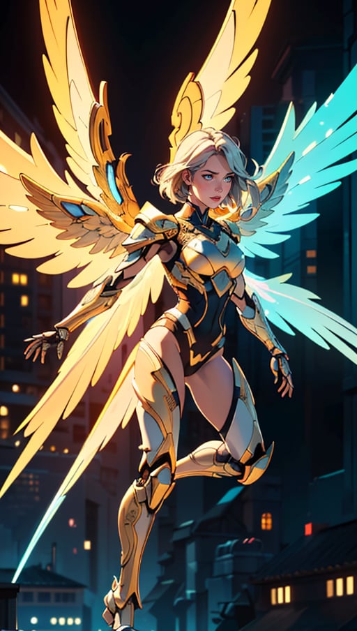 (best quality, masterpiece, colorful, dynamic angle, highest detailed)upper body photo, full body photo, fashion photography of cute mechangel, glowing 4 wings, solo, glowing armor, glowing halo, building, glowing mechanical 4 wings (intricate details, hyperdetailed:1.15), detailed, light passing through hair, (official art, extreme detailed, highest detailed), HDR+