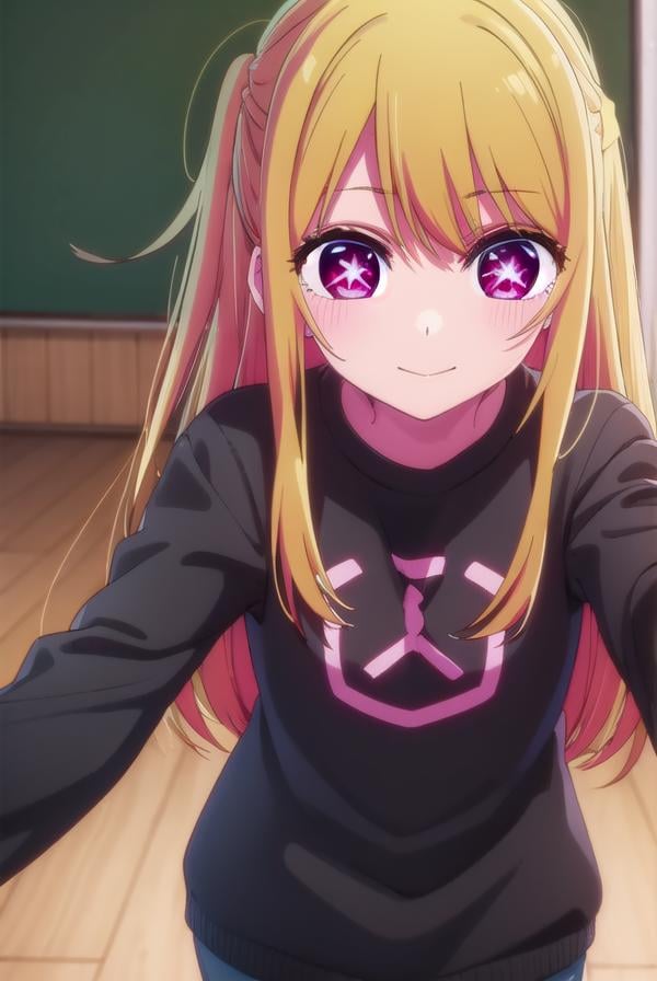 rubyhoshino, <lora:ruby hoshino s1-lora-nochekaiser:1>,ruby hoshino, long hair, bangs, blonde hair, (pink eyes:1.3), sidelocks, (symbol-shaped pupils:1.5), multicolored hair, two-tone hair, smile,BREAK shirt, long sleeves, sweater, clothes writing, yellow shirt,BREAK indoors, classroom,BREAK looking at viewer, (cowboy shot:1.5),BREAK <lyco:GoodHands-beta2:1>, (masterpiece:1.2), best quality, high resolution, unity 8k wallpaper, (illustration:0.8), (beautiful detailed eyes:1.6), extremely detailed face, perfect lighting, extremely detailed CG, (perfect hands, perfect anatomy),