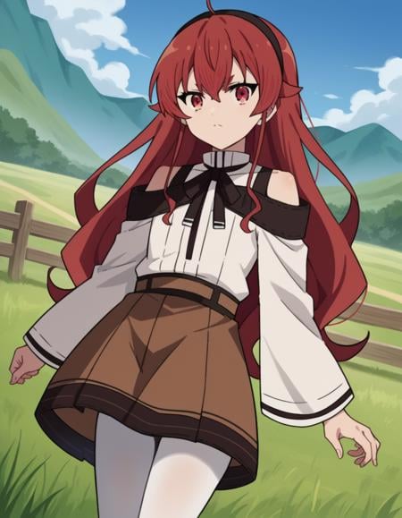 score_9, score_8_up, score_7_up, source_anime,erisgreyrat, <lora:eris-boreas-greyrat-s1-ponyxl-lora-nochekaiser:1>,eris greyrat, ahoge, hair between eyes, long hair, red eyes, red hair, sidelocks,black hairband, black ribbon, brown skirt, hairband, long sleeves, neck ribbon, pantyhose, ribbon, shirt, shoulder cutout, skirt, white pantyhose, white shirt, wide sleeves,outdoors, landscape, farm,looking at viewer, dutch angle, cowboy shot,