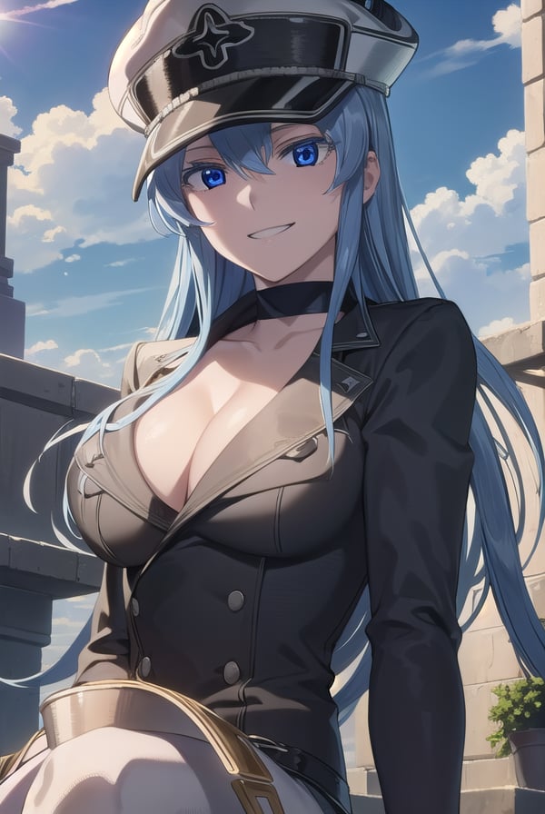 esdeath, <lora:agk esdeath s1-lora-nochekaiser:1>,esdeath, blue eyes, blue hair, long hair, smile, grin,BREAK boots, choker, cleavage, collarbone, hat, ice, military, military uniform, peaked cap, thigh boots, thighhighs, uniform,BREAK outdoors, city, building, sky, sun, clouds, people, crowd,BREAK looking at viewer, (cowboy shot:1.5),BREAK <lyco:GoodHands-beta2:1>, (masterpiece:1.2), best quality, high resolution, unity 8k wallpaper, (illustration:0.8), (beautiful detailed eyes:1.6), extremely detailed face, perfect lighting, extremely detailed CG, (perfect hands, perfect anatomy),