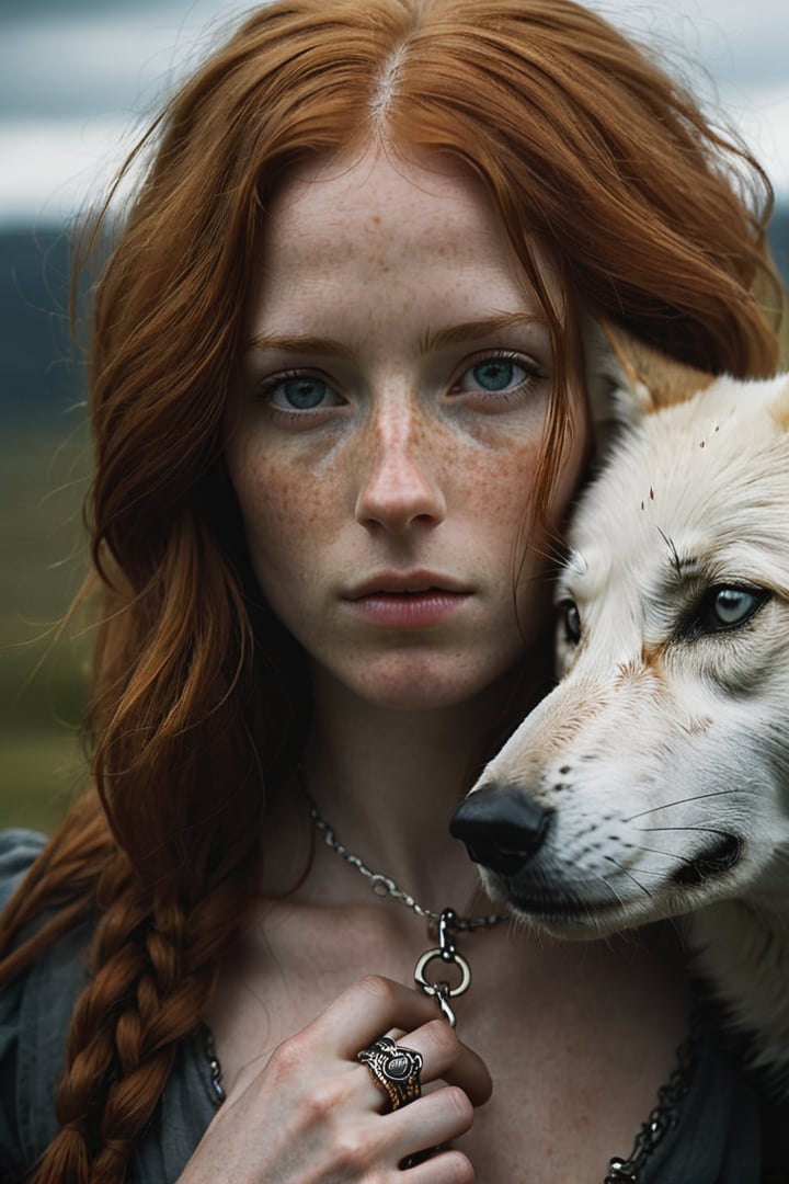 a dark fantasy styled raw photograph of a sexy, 30yo, irish ranger  woman, [ginger:02], [tiny faded freckles:03], (grungy: 1.1), [light blue eyes:0.3], large breasts, dark fantasy style,  | and her (huge magical white wolf), d&d style dark fantasy art. subtle red amber nebula sky in the distance, ornate metals, soft hair, looking into the camera, gold and silver ring, vivid color and contrast. [copper glitter falls in the background]. dainty, (lucky charm bracelet: 1.1), magical, enchanting, dark fantasy.