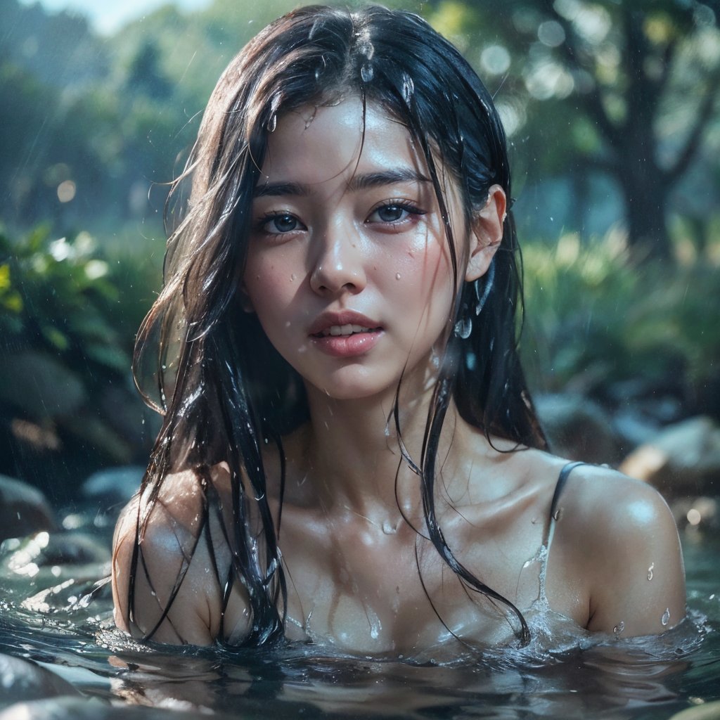 best quality,masterpiece,photo realistic,Background and character in perfect proportion,intricate details,raw photo,photon rendering,octane render,absurdres,ultra detailed,detailed face,detailed skin,trending on artstation,8k masterpiece,cinematic lighting,,(True and realistic white skin),1girl taking a shower in the river, wet hair, black hair,  long hair, a slim figure,(a shallow smile), white teeth, Super high resolution,Light Edition Light, (Half-body:1.1),(Real realistic background)