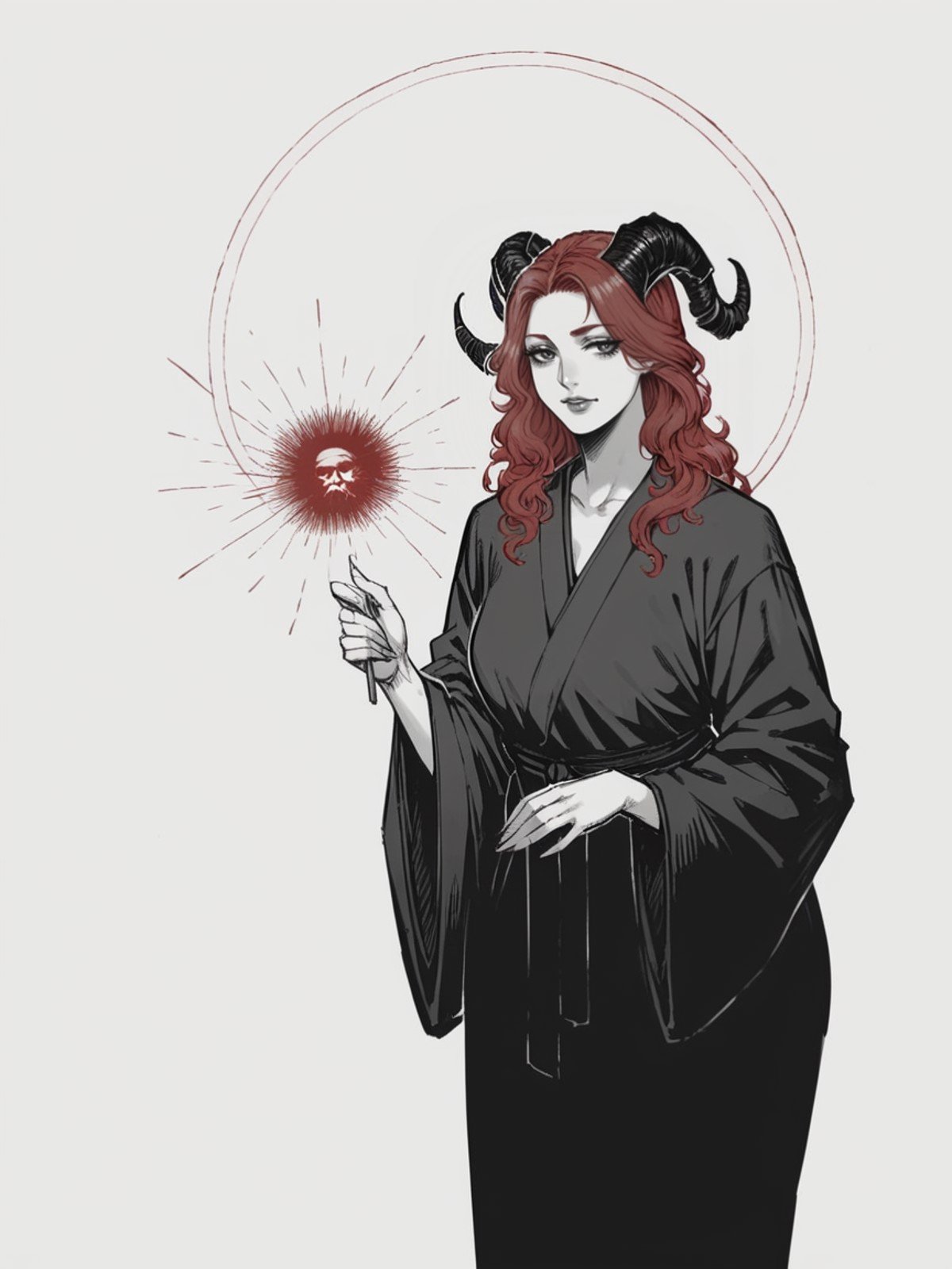 score_9, score_8_up, score_7_up, score_6_up, r3d1nk, white background, <lora:r3d1nk:0.9>, red, monochrome, horns, 1girl, long red hair, curvy, robe