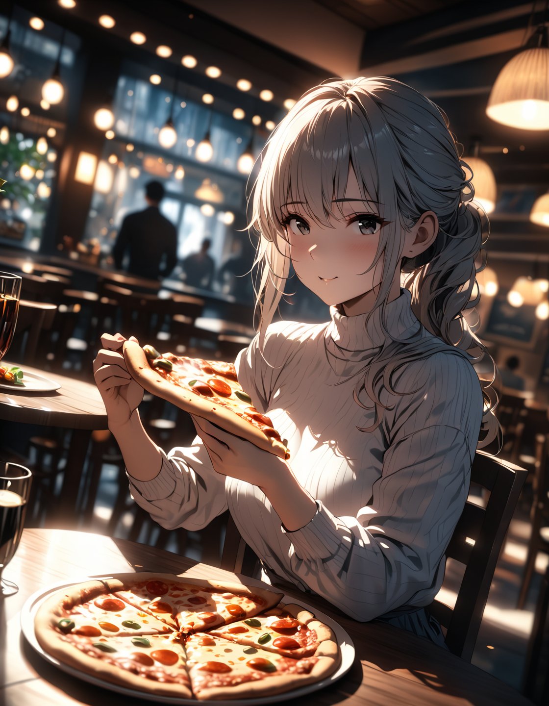 anime,1girl,white long hair,gray eyes, white shirt, long sleeves, turtleneck, sitting, looking at viewer,( eating holding pizza :1.5), pizza, plate, fork, knife, table, chair, table, restaurant, cinematic angle, cinematic lighting, masterpiece, best quality(Depth of field hdr 8k 4k wallpaper cinematic angle, cinematic lighting,:1.5) (masterpiece, best quality:2.0), (Depth of field hdr 8k 4k wallpaper cinematic angle, cinematic lighting,:1.5) (masterpiece, best quality:2.0)