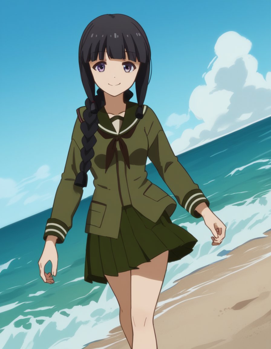 score_9, score_8_up, score_7_up, source_anime, <lora:kancolle-kitakami-s1-ponyxl-lora-nochekaiser:1>, kitakami, long hair, bangs, black hair, purple eyes, braid, blunt bangs, single braid, hair over shoulder, kitakami (kancolle), skirt, school uniform, serafuku, green skirt, pleated skirt, green shirt, green sailor collar, beach, sunset, walking along shore, footprints in sand, waves, peaceful, smile, looking at viewer, smug, solo,, cowboy shot, dutch angle