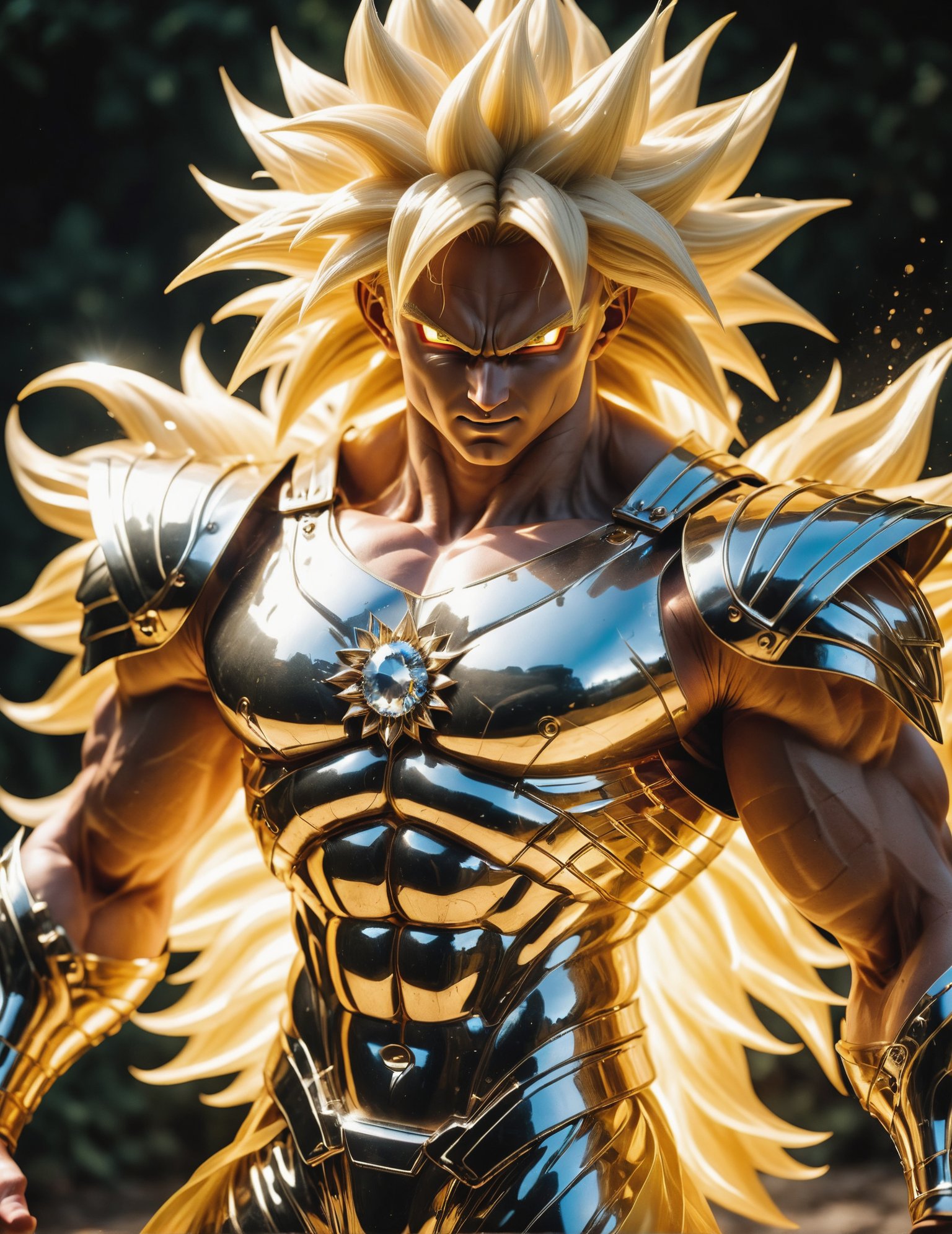 realistic 8K raw photography, (Long super Saiyan 3 blonde hair Man in diamond hdsrmr:1.3), Intricate details, (Reflective surfaces:1.2), Steel embellishments, (super Saiyan energy aura exploding:1.3), similing, Agile Dodge to the Side, Dramatic shadows, (Light cascading:1.2), (full body view:1.3), Captured with a Sony Alpha a7R IV, 50mm f/1.8 lens, High definition clarity, Raw intensity, Detailed textures, stunning Vivid Sunflower Mazes <lora:Armor from HaDeS XL v3.4 Lite:1>