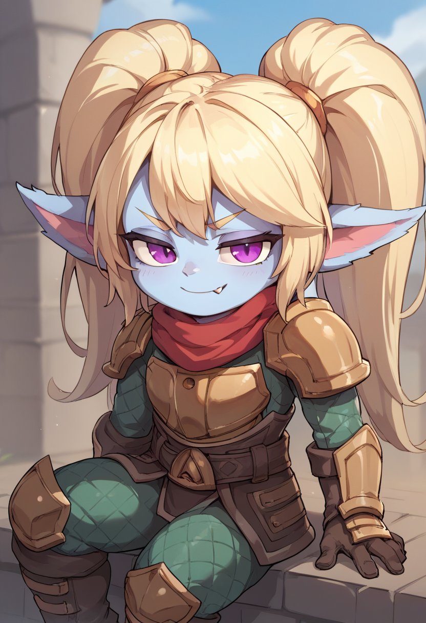 score_9, score_8_up, score_7_up, p0ppy, 1girl, yordle, colored skin, pointy ears, twintails, long hair, blonde hair, purple eyes, fang, red scarf, armor, shoulder armor, gloves, boots, <lora:Poppy_Default_v2:0.7>, solo,smug