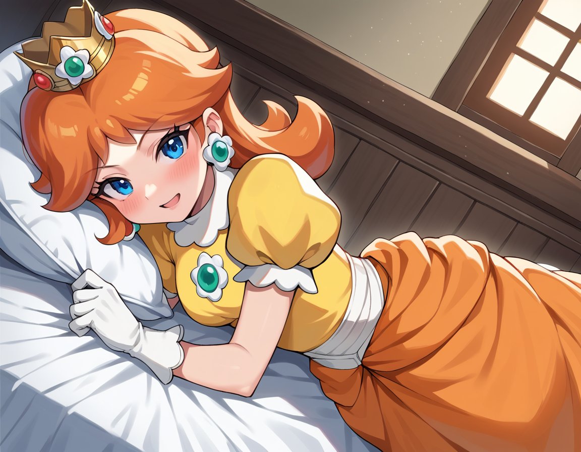 score_9, score_8_up, score_7_up, source_anime,princessdaisy, <lora:princess-daisy-ponyxl-lora-nochekaiser:1>,princess daisy, blue eyes, long hair, orange hair,crown, daisy, dress, flower, gem, gloves, orange dress, puffy short sleeves, puffy sleeves, short sleeves, white gloves,indoors, bed, bed room, on side, blush, drunk,looking at viewer, cowboy shot, dutch angle,