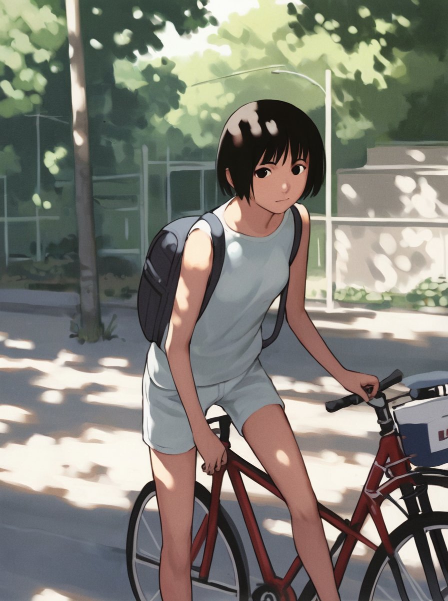 score_9_up,score_8_up,score_7_up, <lora:comiclo-xl-pony:0.7>,1girl, bicycle, solo, ground vehicle, bag, backpack, short hair, shorts, black hair, sandals, black eyes, outdoors, dappled sunlight, bob cut, white shorts, shirt, day, sleeveless, looking at viewer, sunlight, motor vehicle, tree, sleeveless shirt, road