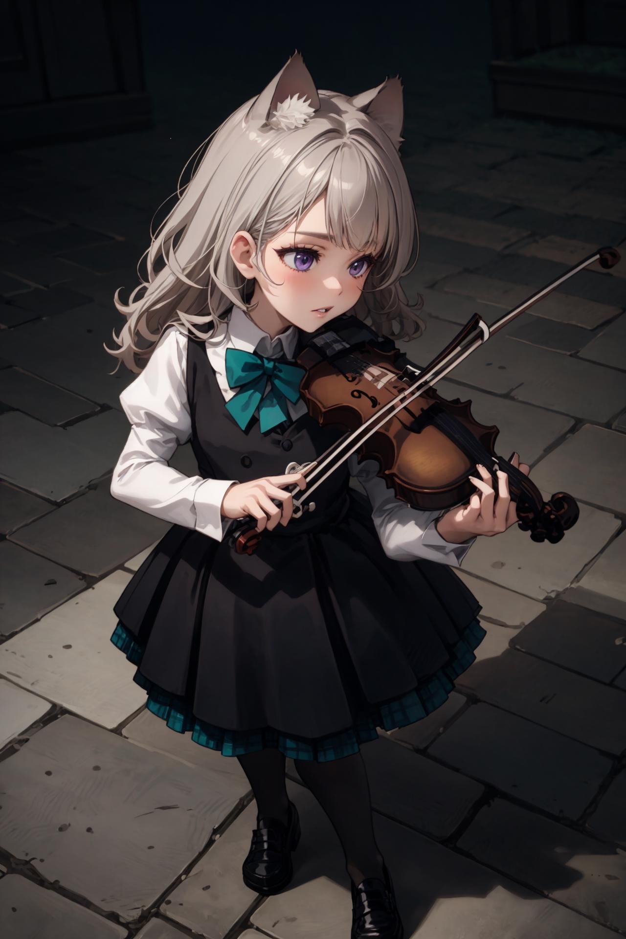 masterpiece, best quality, (solo:1.5), 1girl, (playing violin:1.5), <lora:Genshin_Little_Lynette_v2-000360:0.6>, long hair, long sleeves, black dress, black vest, collared shirt, teal bow, cat ears, parted lips, purple eyes, cat tail, grey hair, grey pantyhose, black loafers, puffy sleeves, bowtie, teal plaid skirt, pleated skirt, black skirt, from above,