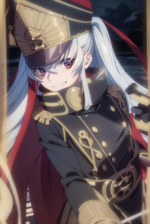 recreatorsaltair, <lora:recreators altair s1-lora-nochekaiser:1>, altair, long hair, (red eyes:1.3), very long hair, white hair, smile, grin,BREAK gloves, hat, uniform, military, military uniform, shako cap,BREAK outdoor, city, night, sky, buildings, moon, clouds,BREAK looking at viewer, (cowboy shot:1.5),BREAK <lyco:GoodHands-beta2:1>, (masterpiece:1.2), best quality, high resolution, unity 8k wallpaper, (illustration:0.8), (beautiful detailed eyes:1.6), extremely detailed face, perfect lighting, extremely detailed CG, (perfect hands, perfect anatomy),