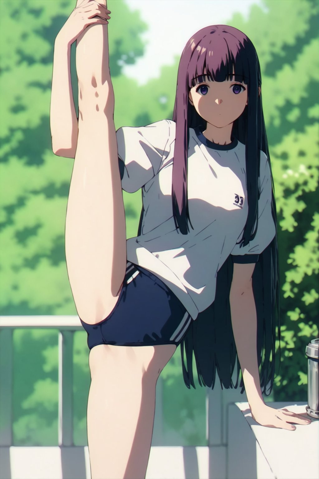 score_9, score_8_up, score_7_up, score_6_up, score_5_up, score_4_up, source_anime,cowboy shot, fern-frieren, teen, long hair, purple hair, purple eyes, straight hair,gym uniform, gym, standing split, looking at viewer,masterpiece, perfect face, best quality, beautiful girl, blurry background, cute girl, beautiful eyes, shiny eyes, absurdres,<lora:cqlic8de878c73a8f3k0:1>